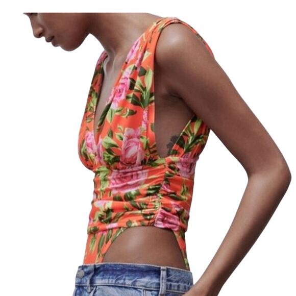Zara Womens Rose Floral Printed Draped Bodysuit High Cut Medium New - Picture 2 of 13